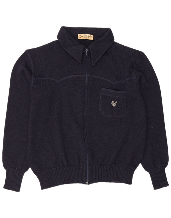 Suéter cardigã masculino vintage com zíper completo grande lã azul marinho
