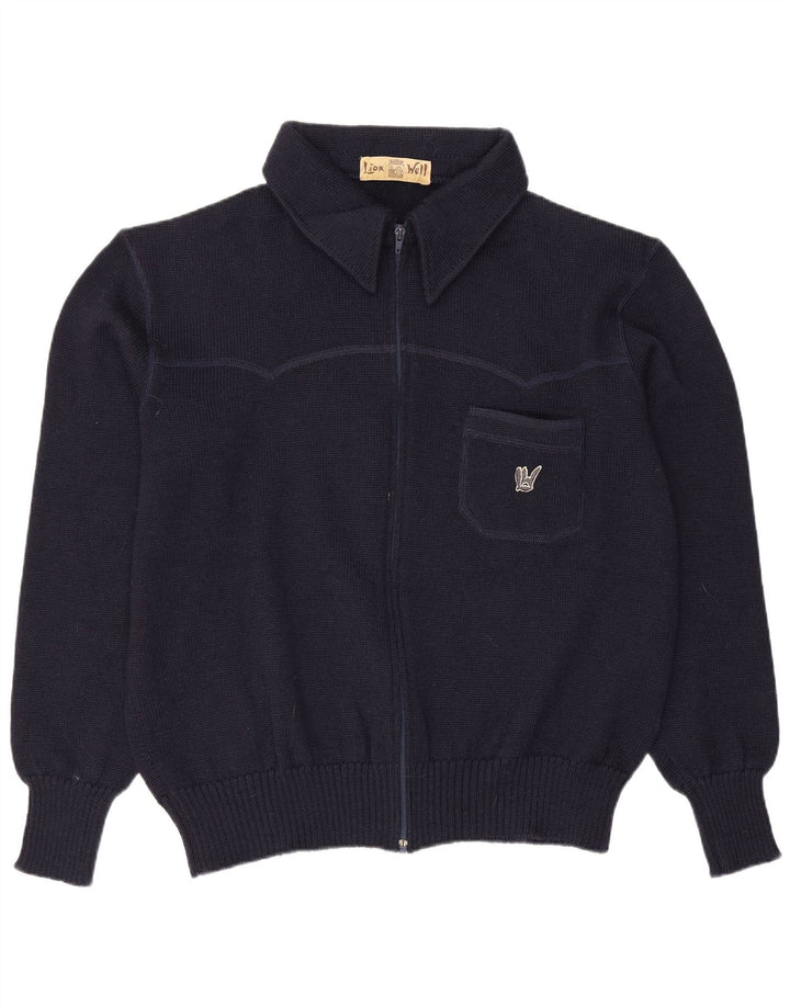 Suéter cardigã masculino vintage com zíper completo grande lã azul marinho