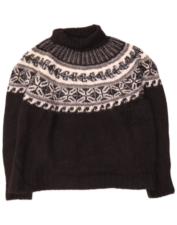 Suéter feminino Zara com gola redonda Reino Unido 14 médio preto Fair Isle poliamida