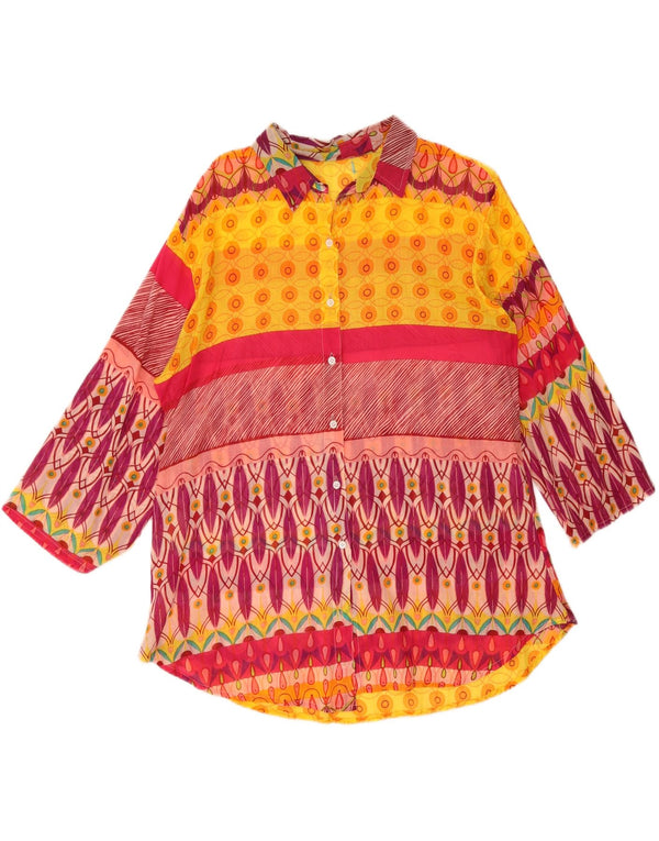 Blusa feminina vintage manga 3/4 UK 16 grande geométrica multicolorida
