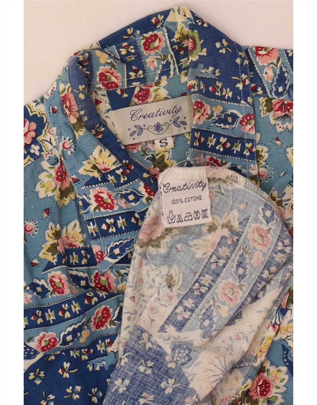 Camisa feminina de manga curta Criatividade Reino Unido 10 algodão patchwork azul pequeno