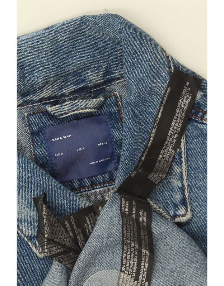 Jaqueta jeans masculina Zara desgastada Reino Unido 38 algodão azul médio