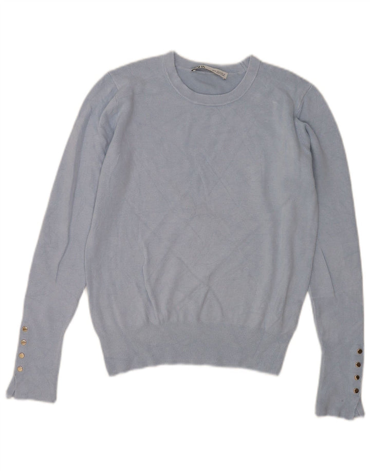 Suéter feminino Zara com gola redonda e viscose azul médio UK 12