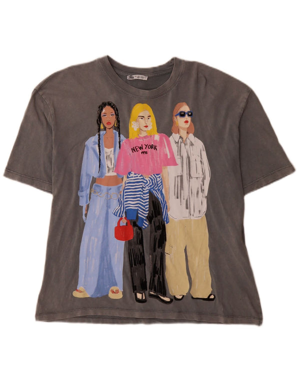 Camiseta feminina Zara New York Graphic Top UK 10 pequeno algodão cinza