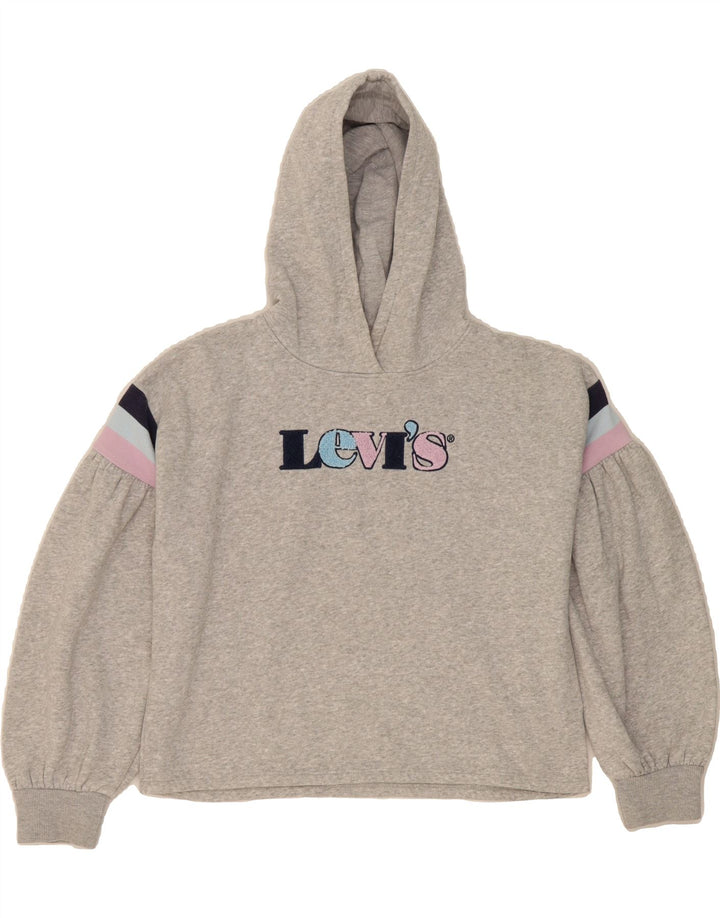 LEVI'S Girls Graphic Hoodie Jumper 13-14 Years Grey Colourblock Cotton Vintage Levi's and Second-Hand Levi's from Messina Hembry 