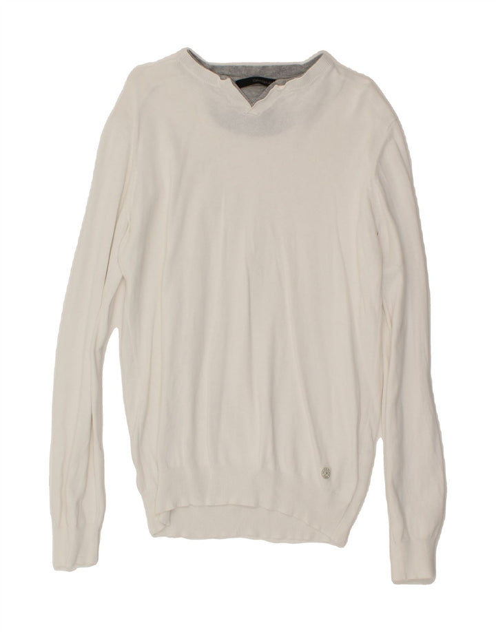 CALVIN KLEIN JEANS Womens V-Neck Jumper Sweater UK 20 2XL White Cotton Vintage Calvin Klein Jeans and Second-Hand Calvin Klein Jeans from Messina Hembry 