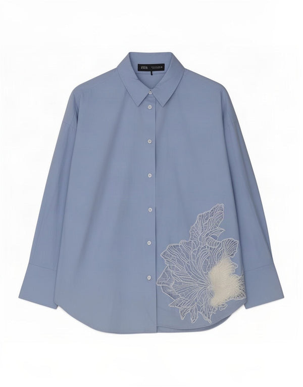 Camisa feminina Zara com ajuste relaxado Reino Unido 14 algodão floral azul médio