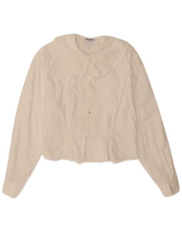 Blusa feminina vintage de manga comprida UK 12 algodão branco médio