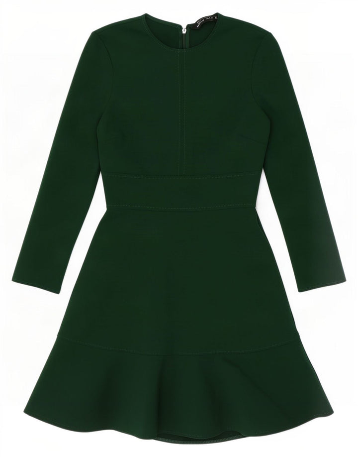 Vestido feminino Zara manga comprida evasê Reino Unido 10 pequeno poliéster verde