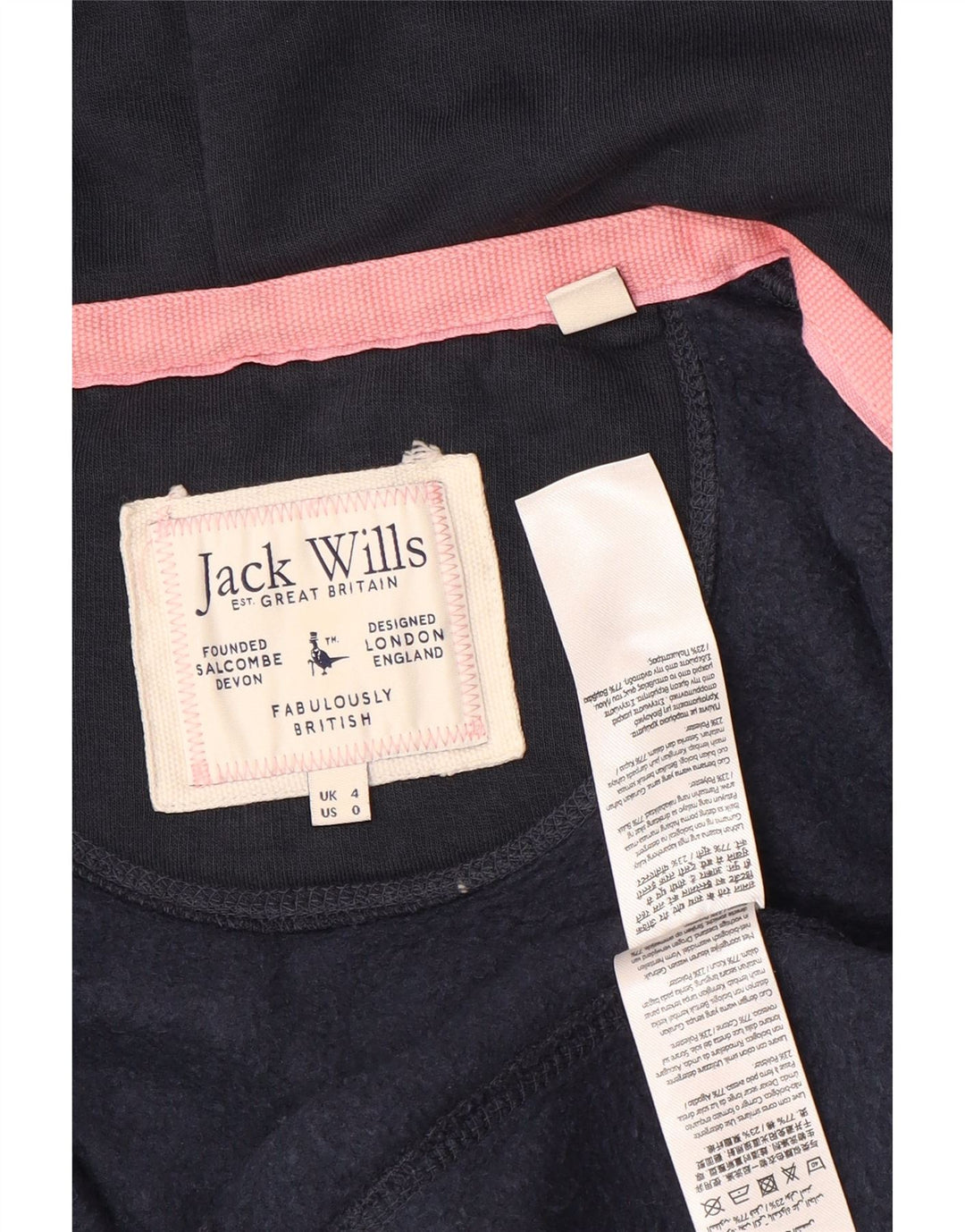 JACK WILLS Suéter feminino com capuz e zíper Reino Unido 4 XS azul marinho algodão
