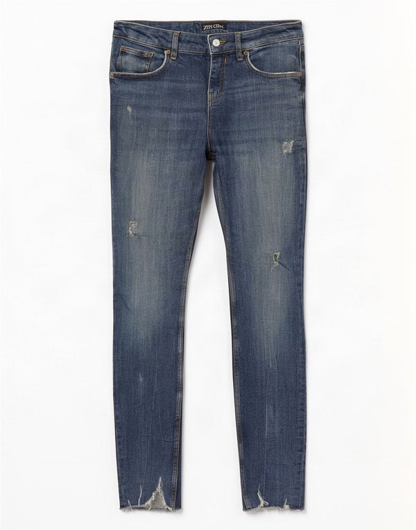 Zara Jeans skinny feminino desgastado UE 38 pequeno W28 L28 algodão azul