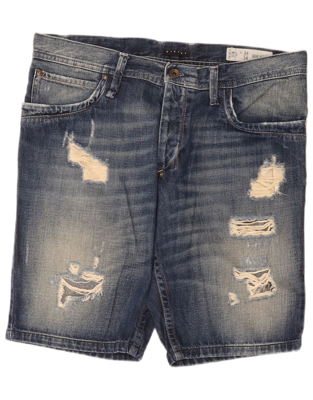 Shorts jeans masculino Sisley desgastado W34 grande algodão azul