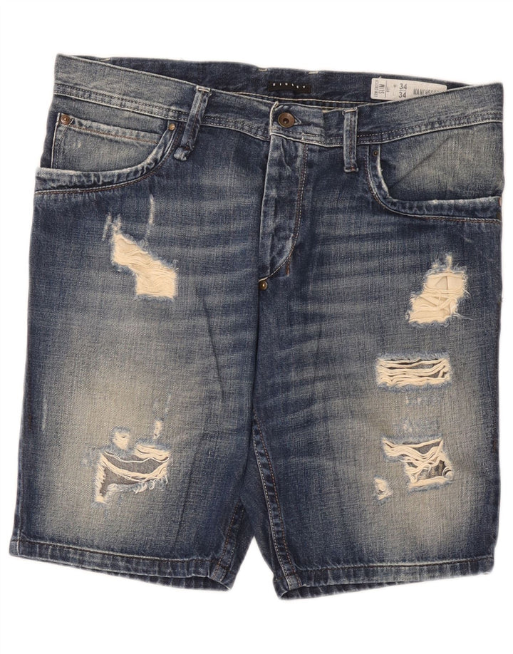 Shorts jeans masculino Sisley desgastado W34 grande algodão azul
