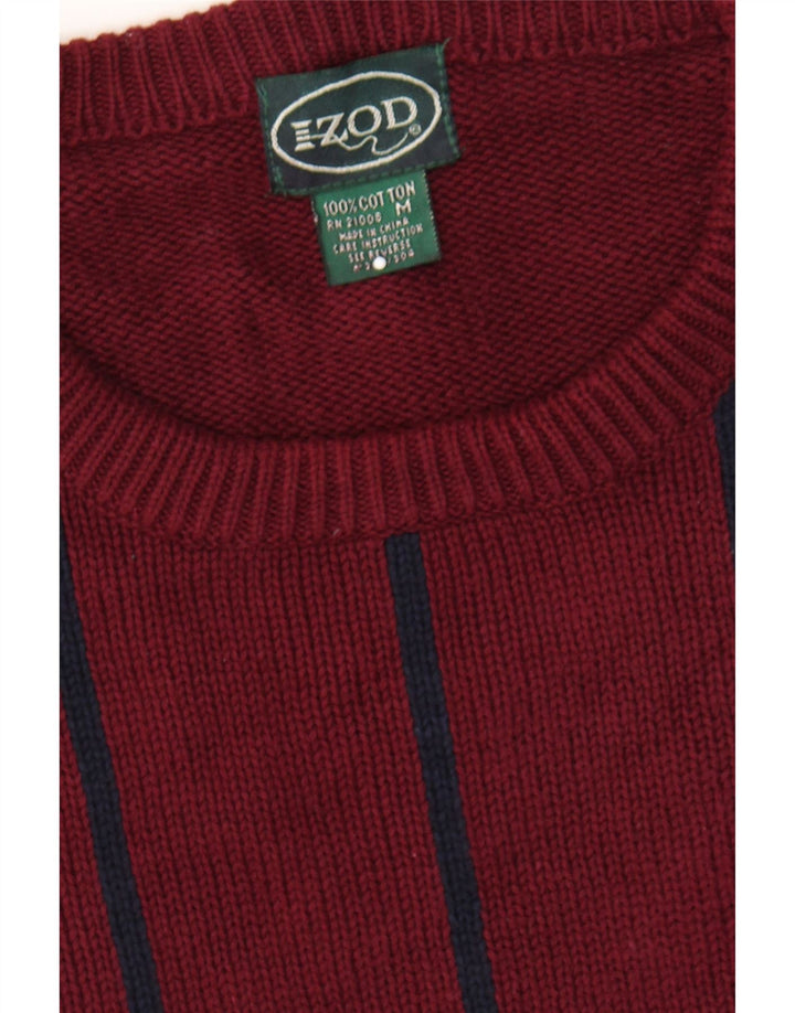 IZOD Mens Crew Neck Jumper Sweater Medium Burgundy Striped Cotton Vintage Izod and Second-Hand Izod from Messina Hembry 