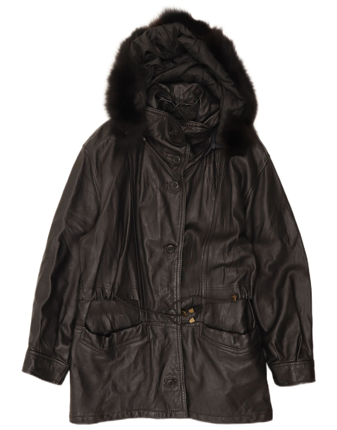 Casaco feminino vintage de couro grande com capuz IT 42 médio preto