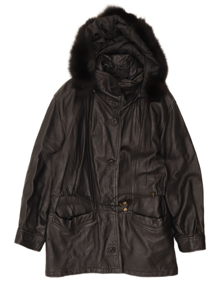 Casaco feminino vintage de couro grande com capuz IT 42 médio preto
