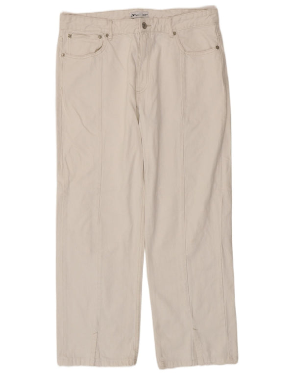 Zara Calça jeans feminina cintura alta reta EU 46 2XL W36 L29 algodão branco