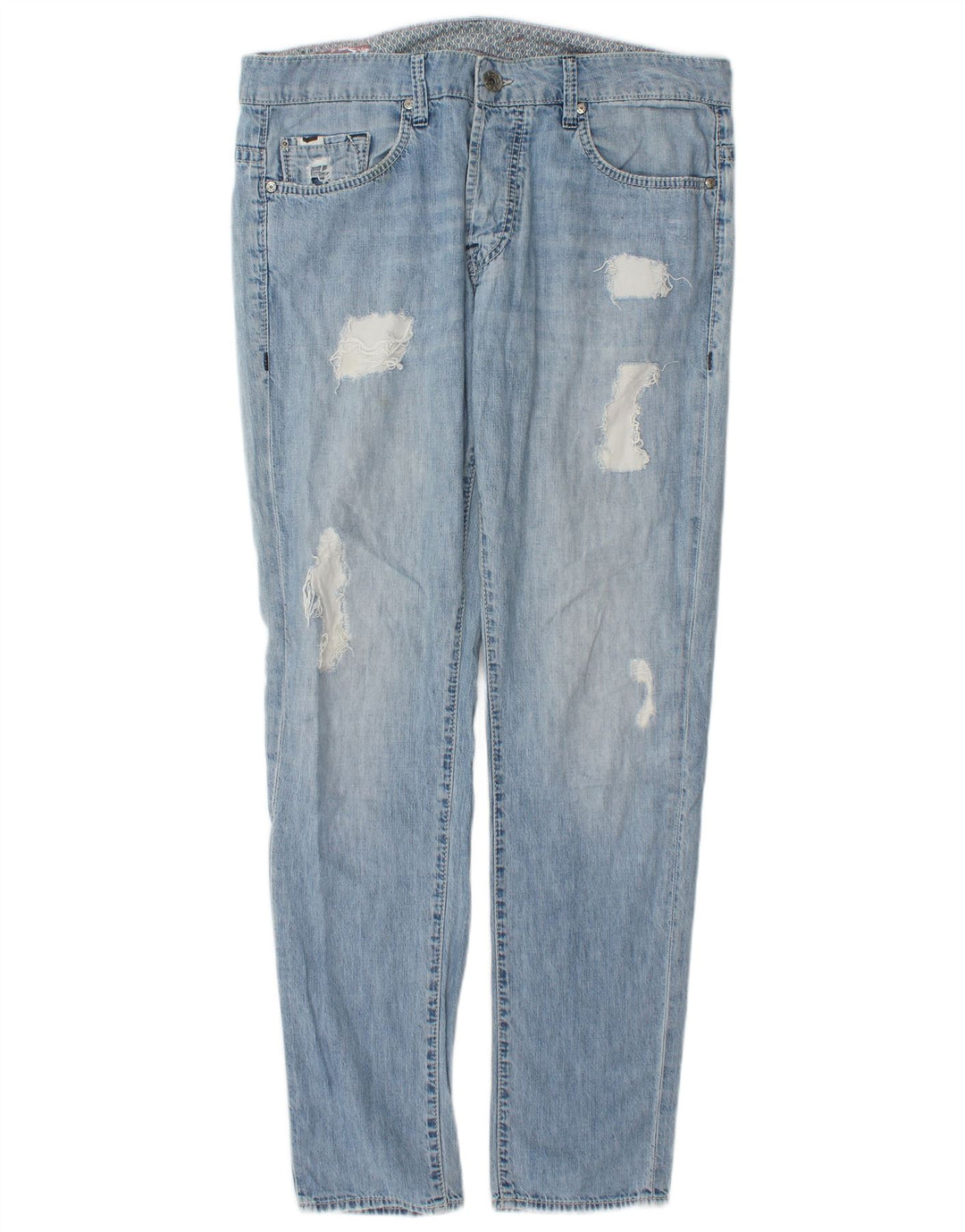 Gas Mens Distressed Slim Jeans W34 L32 Azul Algodão