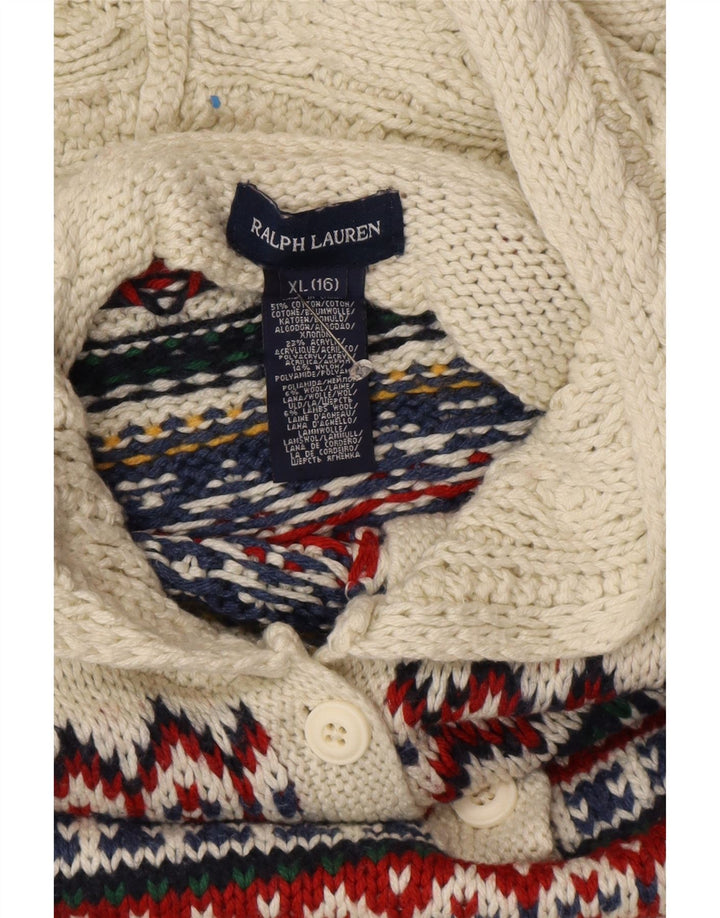 RALPH LAUREN Suéter feminino com capuz 15-16 anos XL Branco Fair Isle Algodão