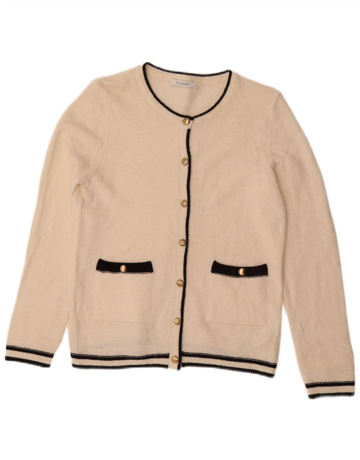 Suéter cardigã feminino Marks & Spencer UK 10 pequeno bloco colorido branco