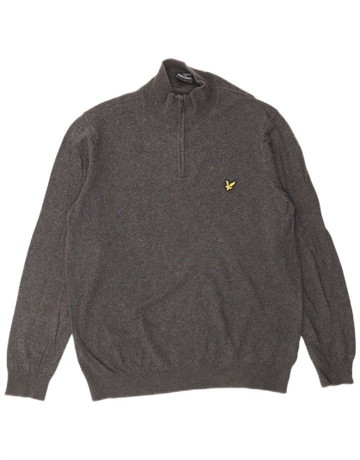 Suéter masculino Lyle & Scott com zíper e gola grande de algodão cinza