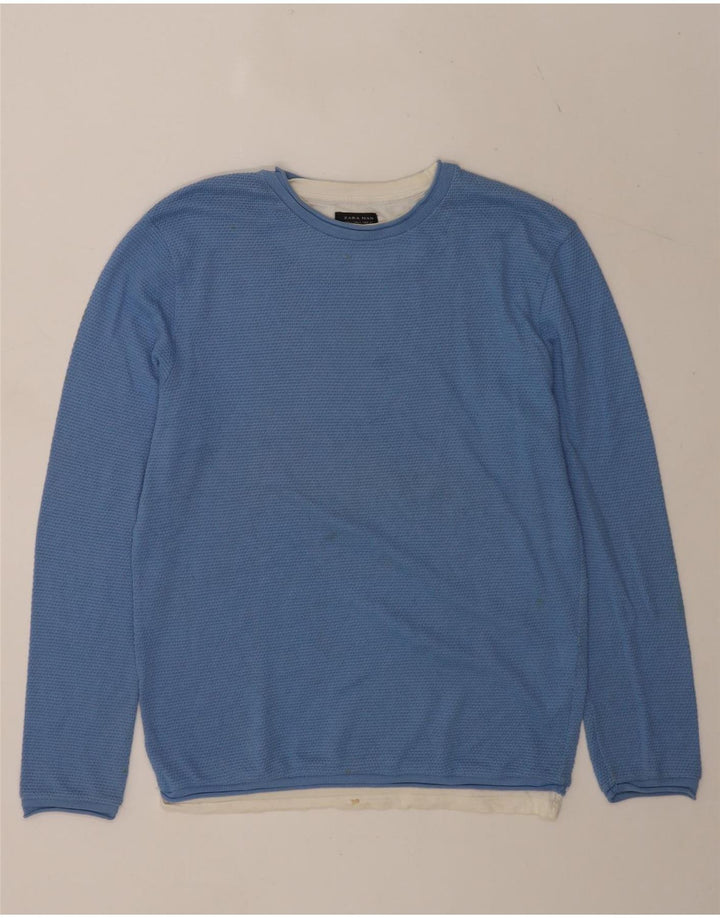 Suéter masculino Zara com gola redonda e algodão grande azul colorido