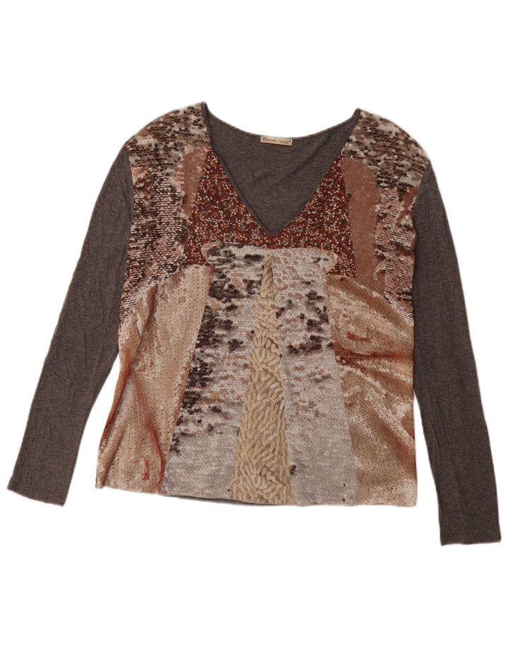 ZARA Top gráfico feminino manga comprida UK 14 patchwork cinza médio