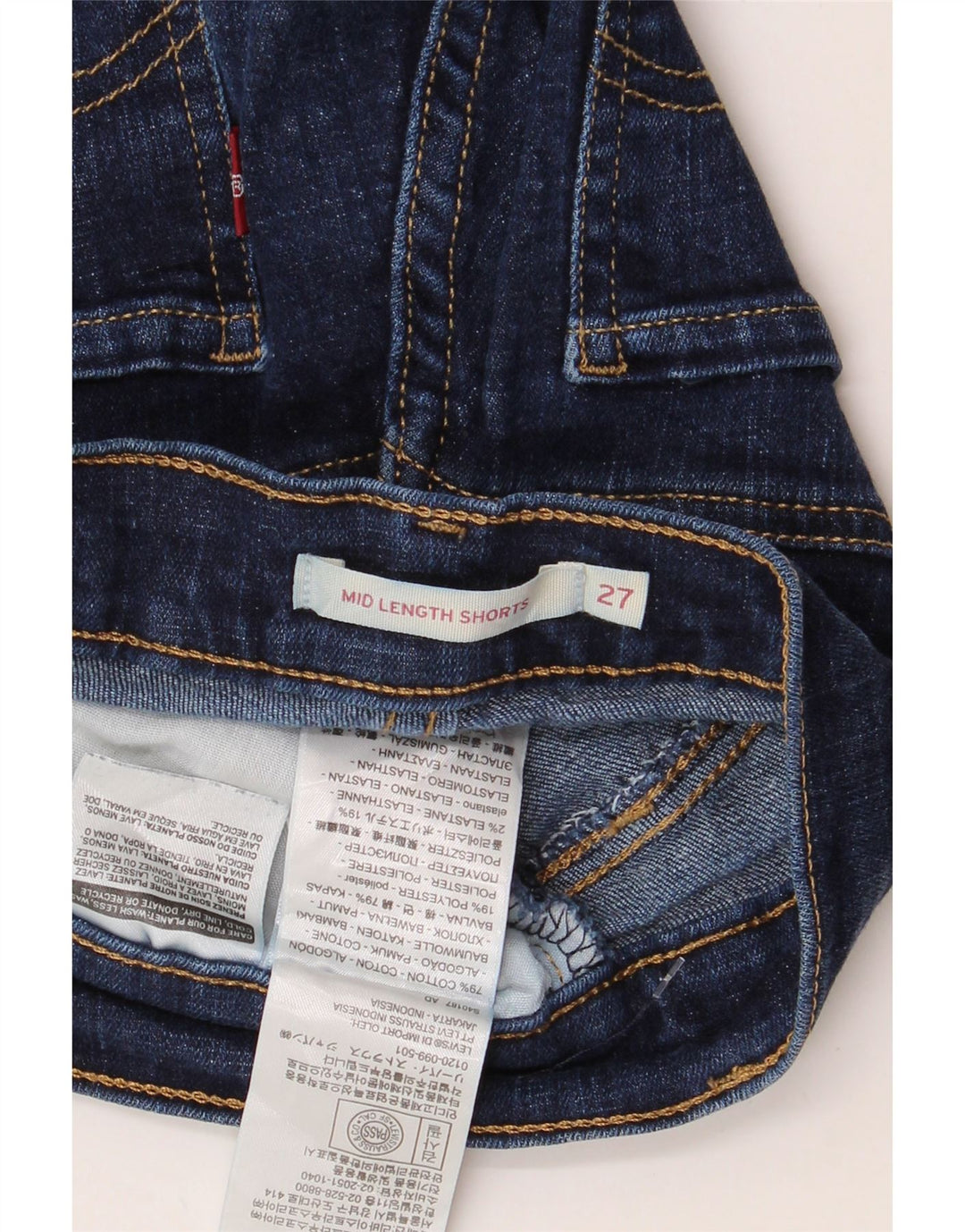 Shorts jeans feminino de cintura média LEVI'S W27 pequeno algodão azul marinho