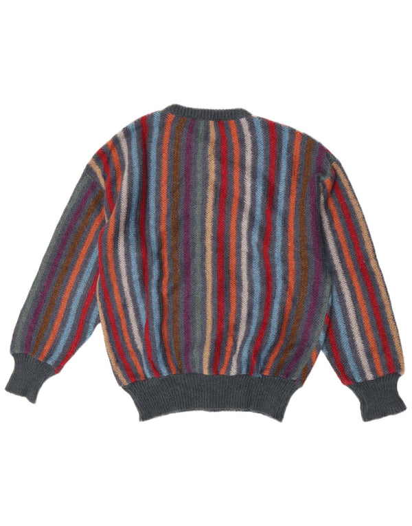 Suéter cardigã feminino vintage Reino Unido 14 lã listrada multicolorida média