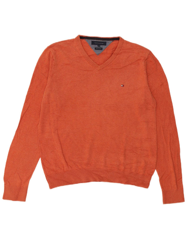 Suéter masculino Tommy Hilfiger com decote em V, pequeno, laranja, algodão