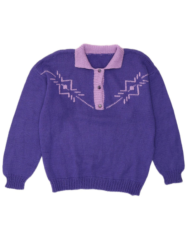 Suéter feminino vintage com gola polo, bloco colorido roxo grande UK 16