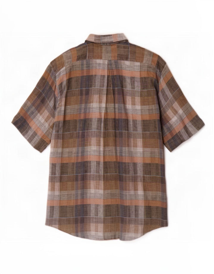 Camisa masculina vintage de manga curta grande xadrez marrom