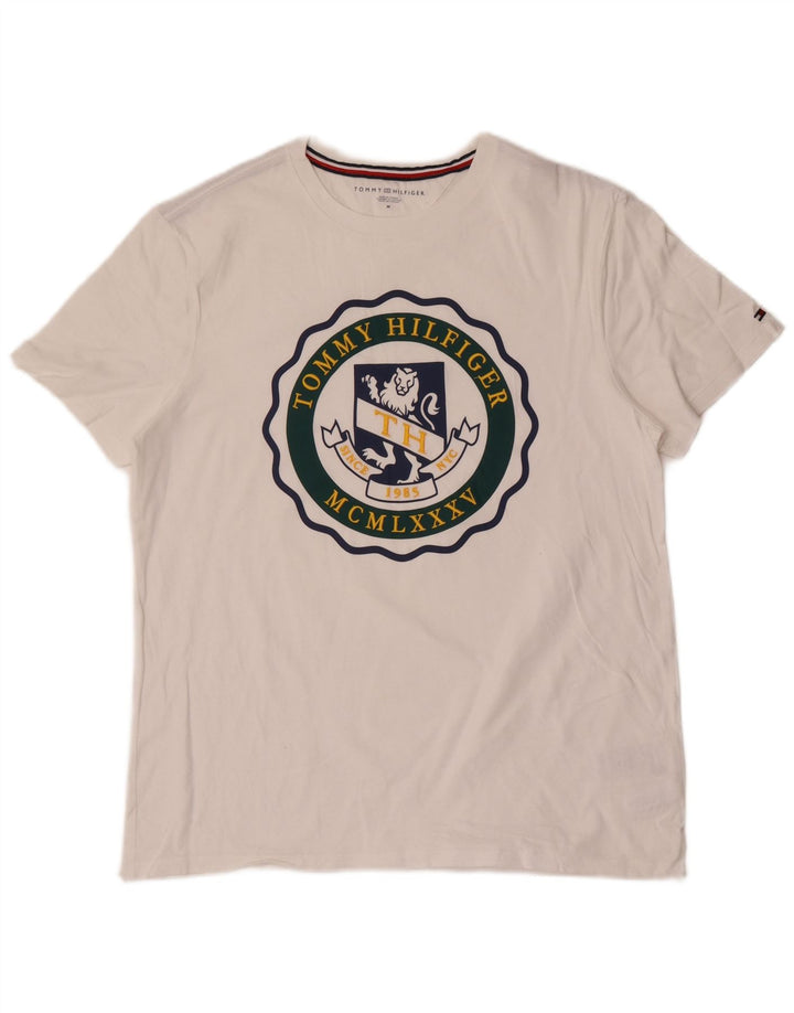 Tommy Hilfiger Camiseta masculina gráfica Top médio algodão branco