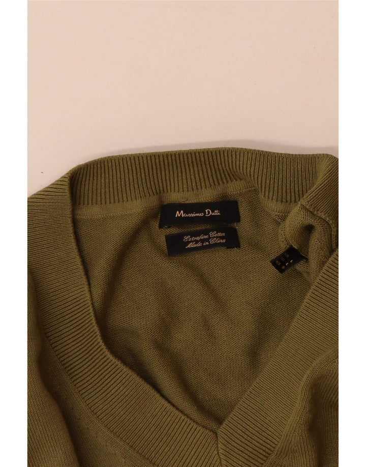 Suéter masculino Massimo Dutti com decote em V, grande algodão cáqui