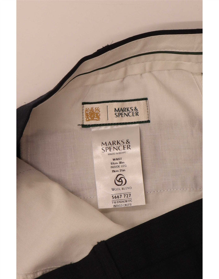 Calça masculina de terno reto Marks & Spencer W38 L31 azul marinho poliéster