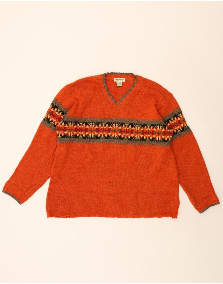 Suéter masculino Eddie Bauer com decote em V médio laranja Fair Isle Wool