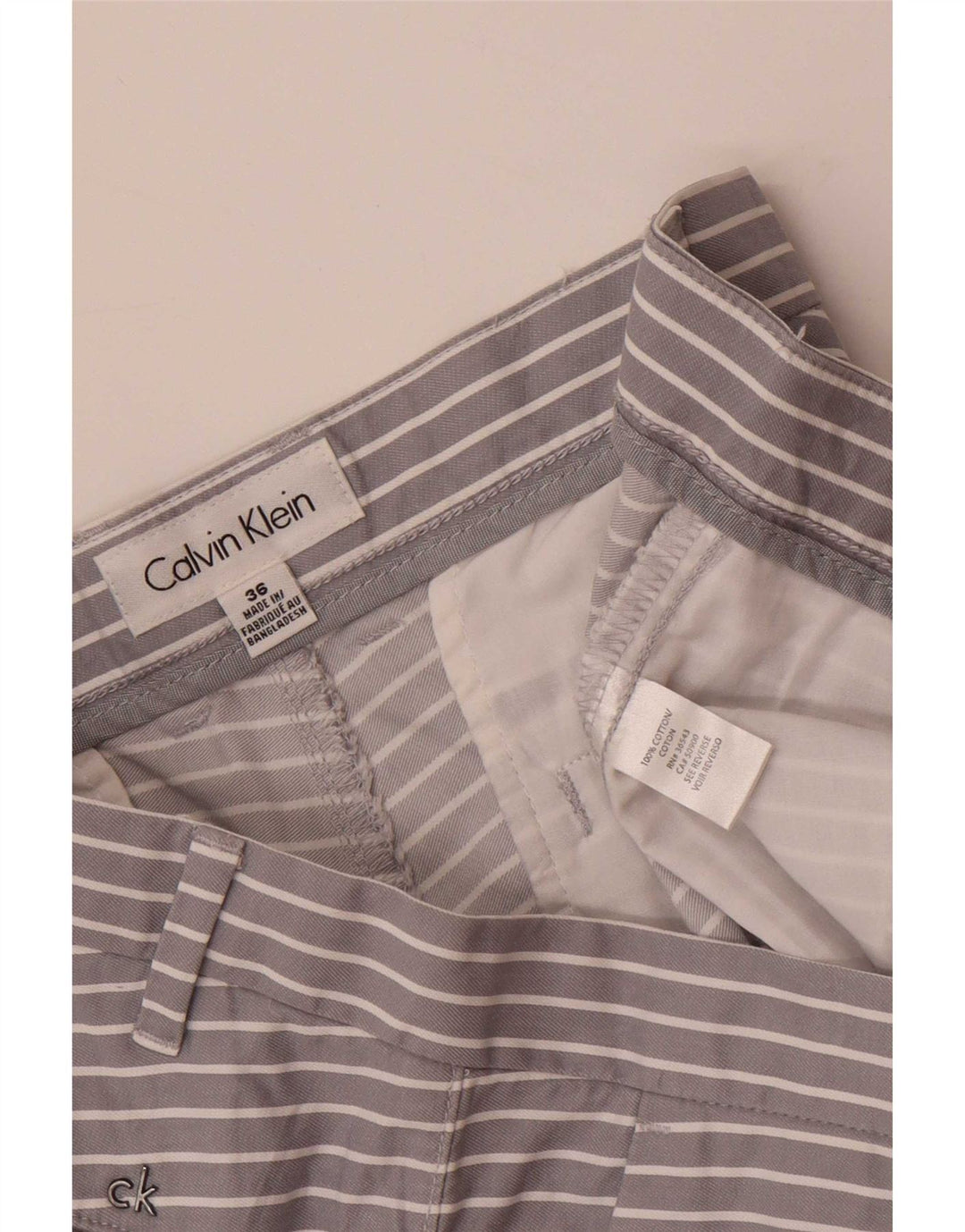 Calvin Klein Mens Chino Shorts W36 Grande Algodão Listrado Cinza
