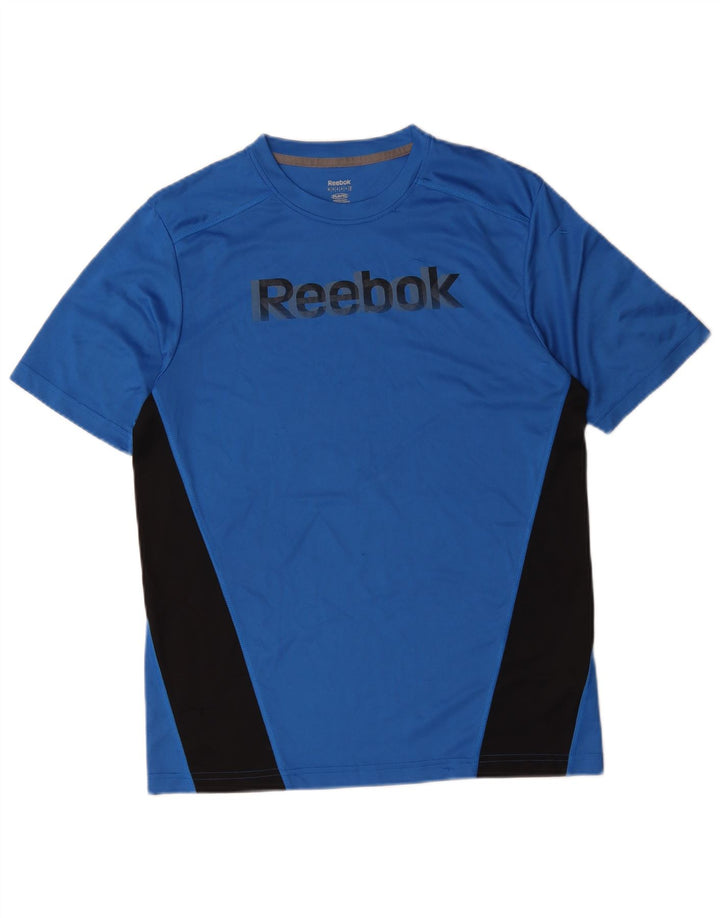 Camiseta gráfica masculina Reebok Top médio azul colorblock poliéster