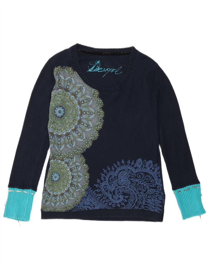 DESIGUAL Top gráfico feminino manga comprida Reino Unido 14 grande azul floral