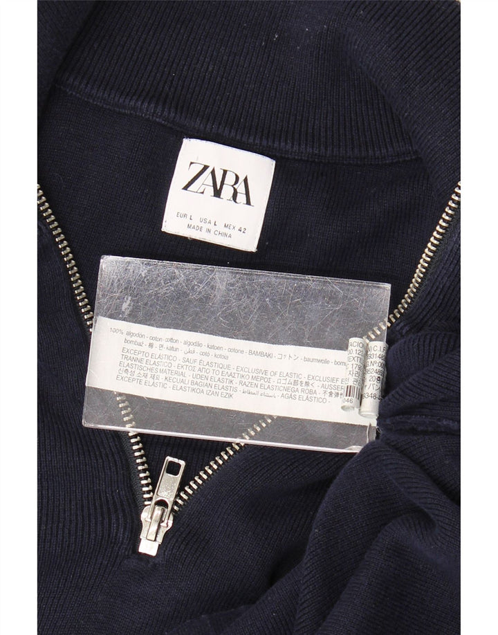 Suéter masculino Zara com zíper e gola grande de algodão azul marinho