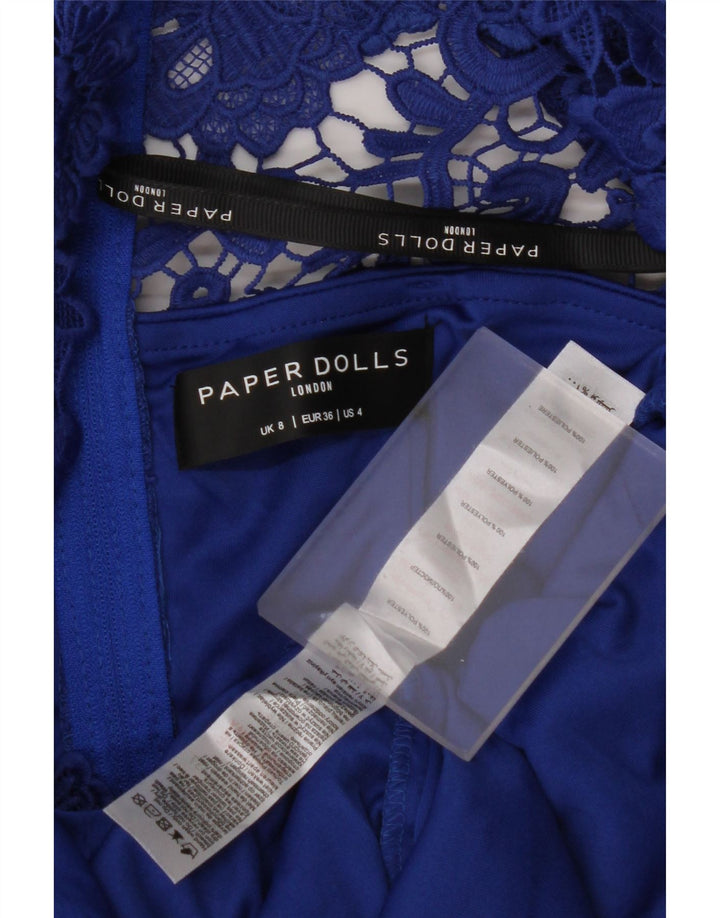 PAPER DOLLS Vestido feminino ombro de fora UK 8 pequeno azul floral poliéster