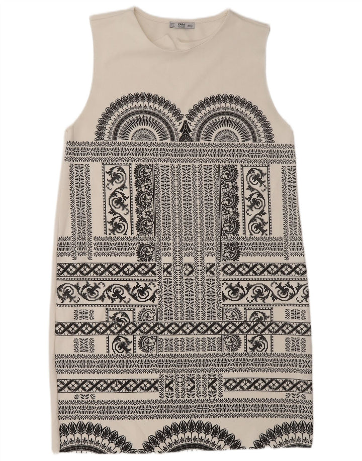 Vestido feminino sem mangas Zara UK 12 médio branco geométrico