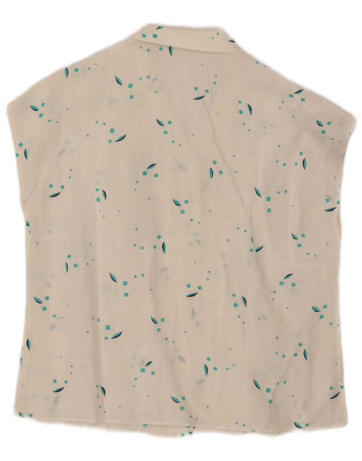Blusa feminina VINTAGE sem mangas Reino Unido 12 médio branco geométrico