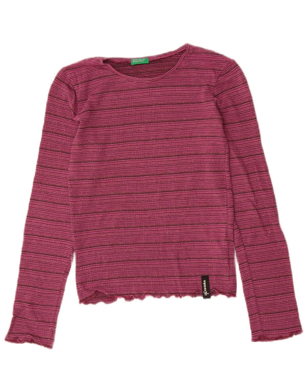BENETTON Girls Top Long Sleeve 13-14 Years 3XL Pink Striped Viscose