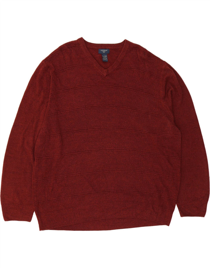 DOCKERS Mens V-Neck Jumper Sweater 3XL Burgundy Striped Acrylic Vintage Dockers and Second-Hand Dockers from Messina Hembry 
