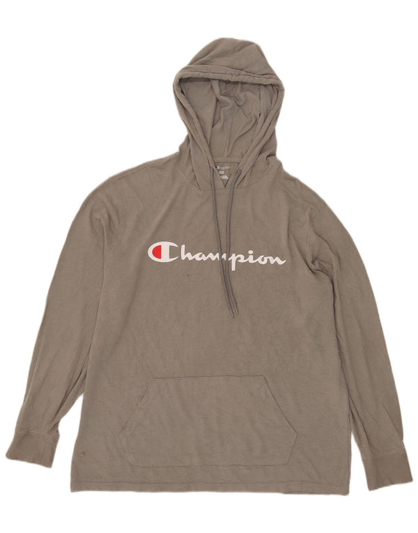 Champion masculino com capuz gráfico top manga comprida cinza médio