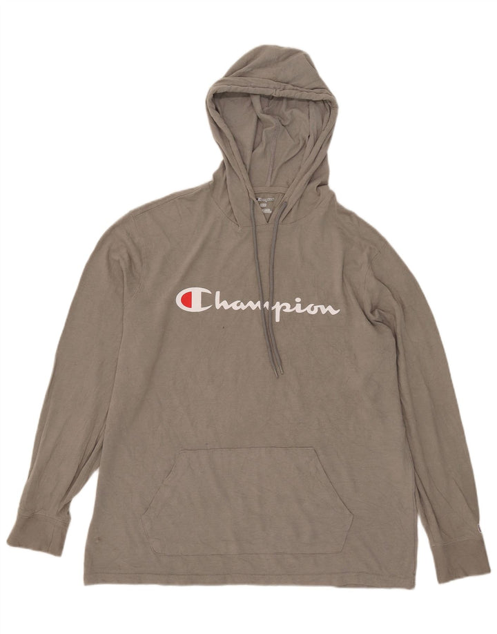 Champion masculino com capuz gráfico top manga comprida cinza médio