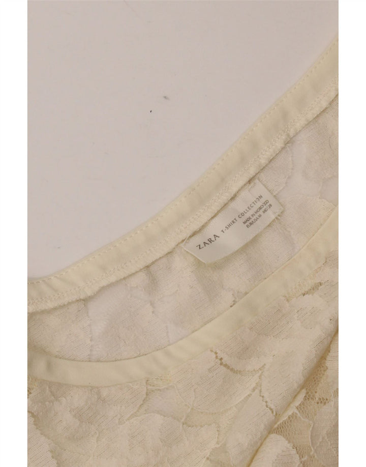 Zara blusa feminina de renda top UK 12 médio off white floral