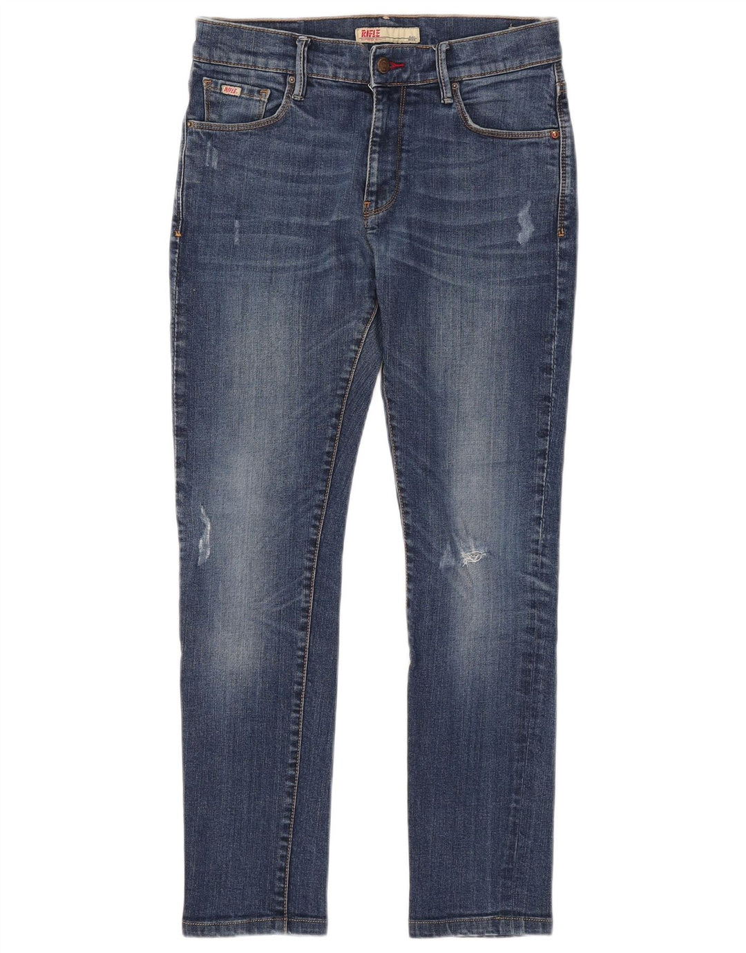 Rifle feminino jeans slim desgastado W30 L28 algodão azul