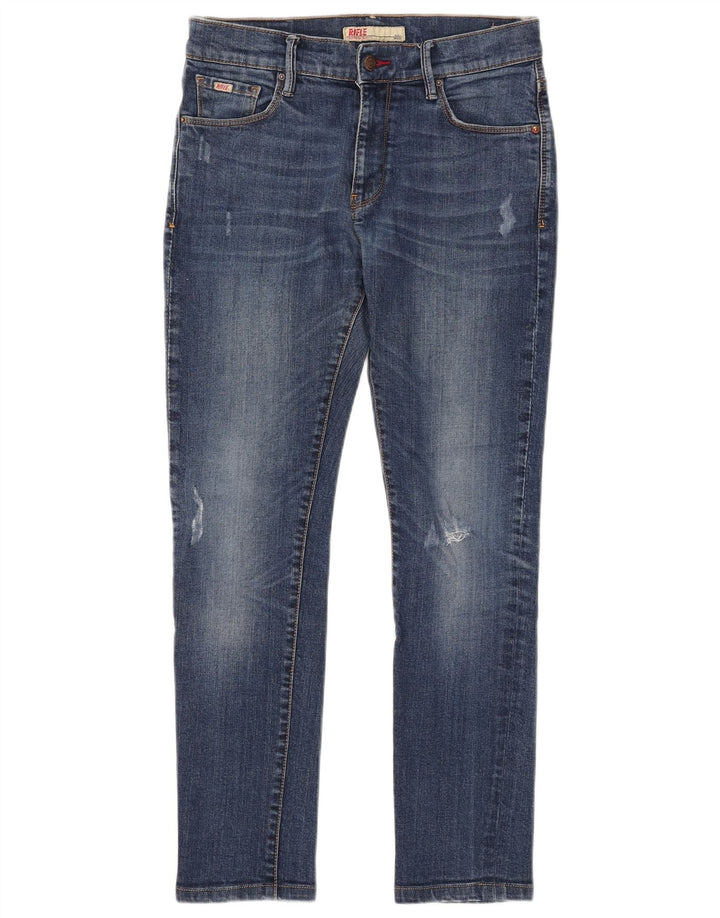Rifle feminino jeans slim desgastado W30 L28 algodão azul